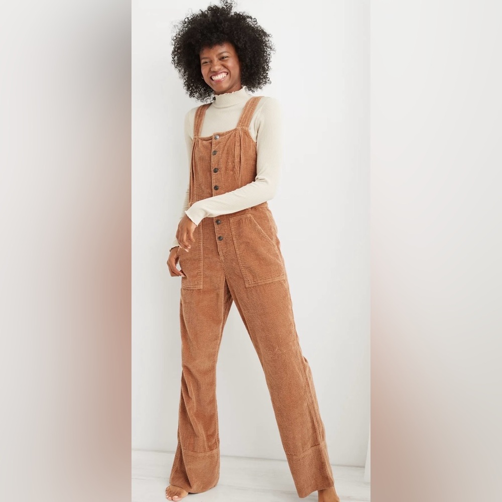 Aerie Corduroy Overalls Jumpsuit Kick Flare Brown Size Large